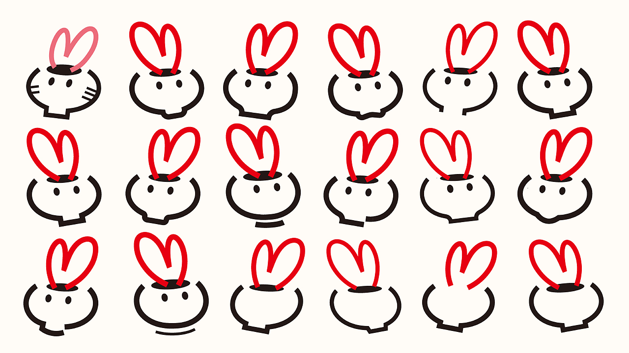 在进行LOGO推演的时候,我们试了20多种耳朵造型和20多种碗(兔脸)造型,将其各种组合,结果发现怎么都不满意,耽搁了好几天。最终在反复尝试下,选择做“减法”,去掉兔兔眼睛,留出更多空间,才有了最终的LOGO方向。