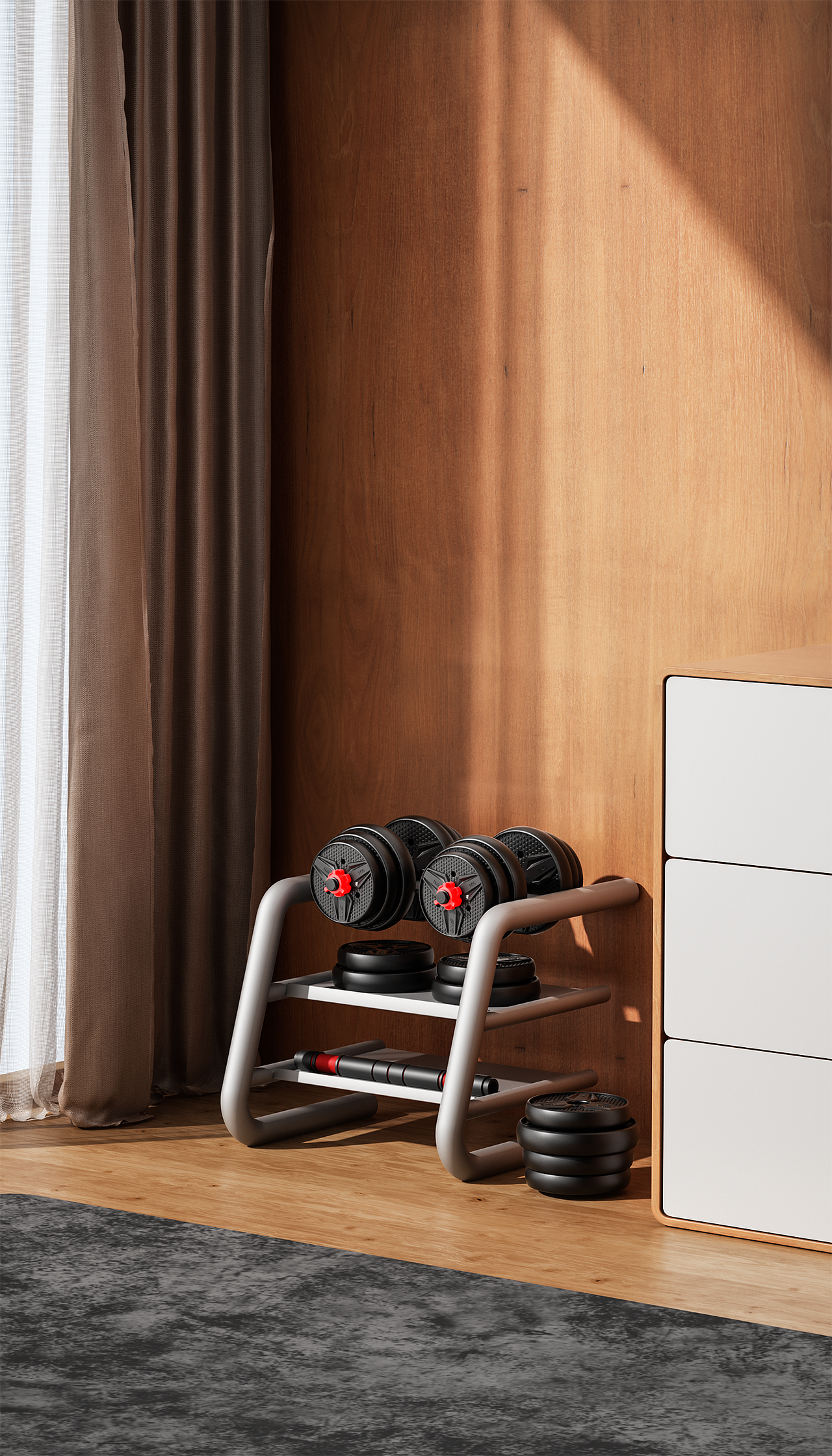 产品渲染:哑铃和仰卧起坐辅助器