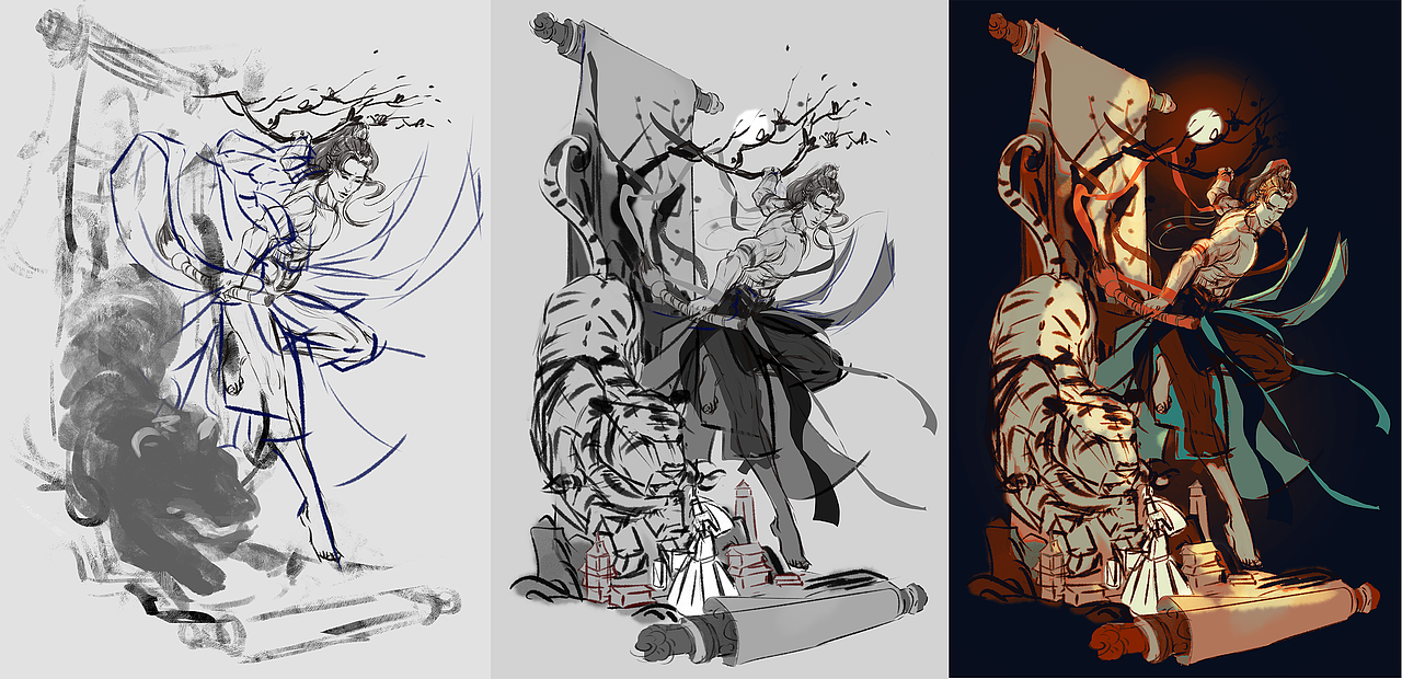 创意草图-大色调部分;
主要想表现的是角色“木非”从画中穿越出来的感觉,虎和兔子表示着即将到来的虎兔新年交接;