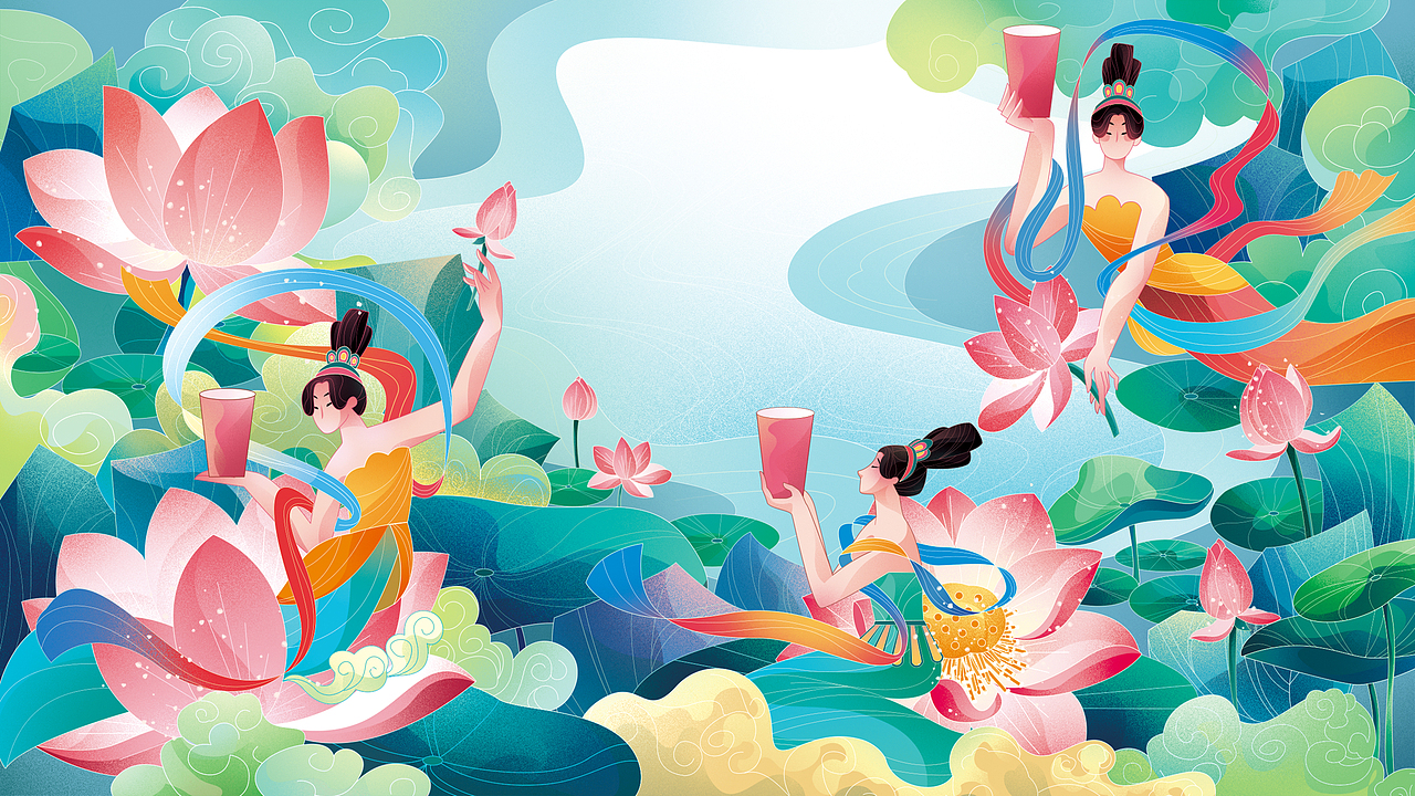新国潮‖当敦煌飞天女遇上荷花鲜果茶（图ZMzUzMjc2NjQ4） - 商业插画 - 站酷设计师半山屿原创素材 - 站酷ZCOOL