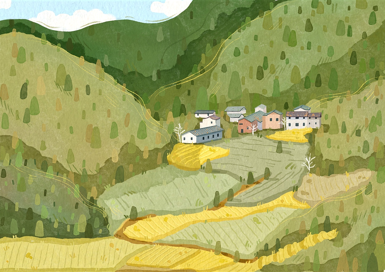 水彩风原创插画｜婺源篁岭风景（图ZMzY4MzI3MTU2） - 艺术插画 - 站酷设计师开水不响一场原创素材 - 站酷ZCOOL