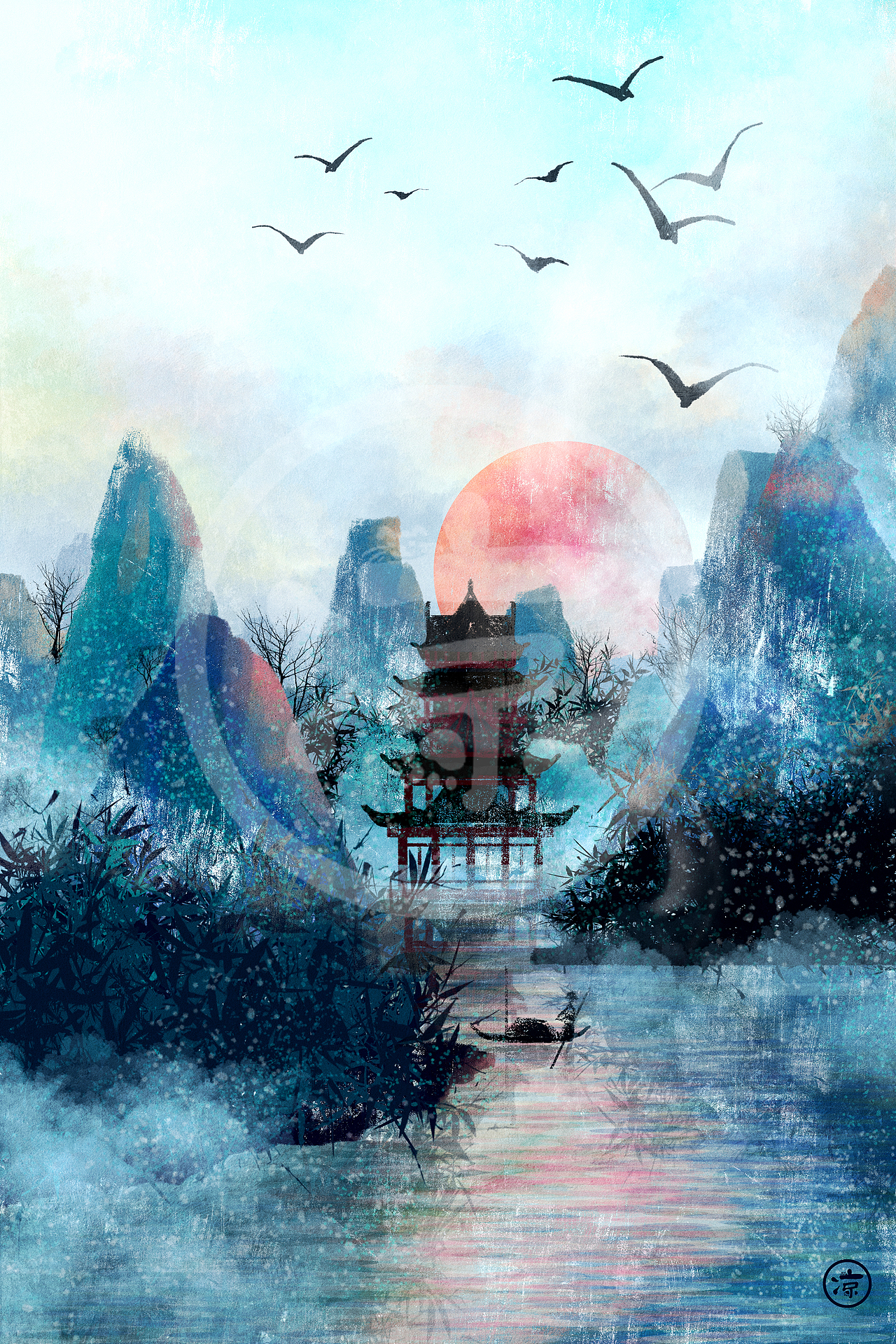 水墨山水风景插画