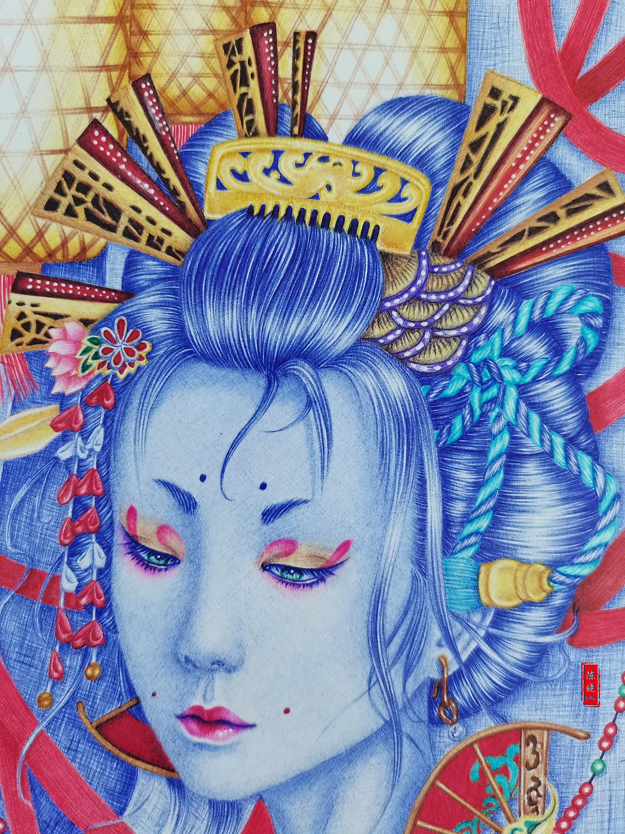 圆珠笔画《花魁》