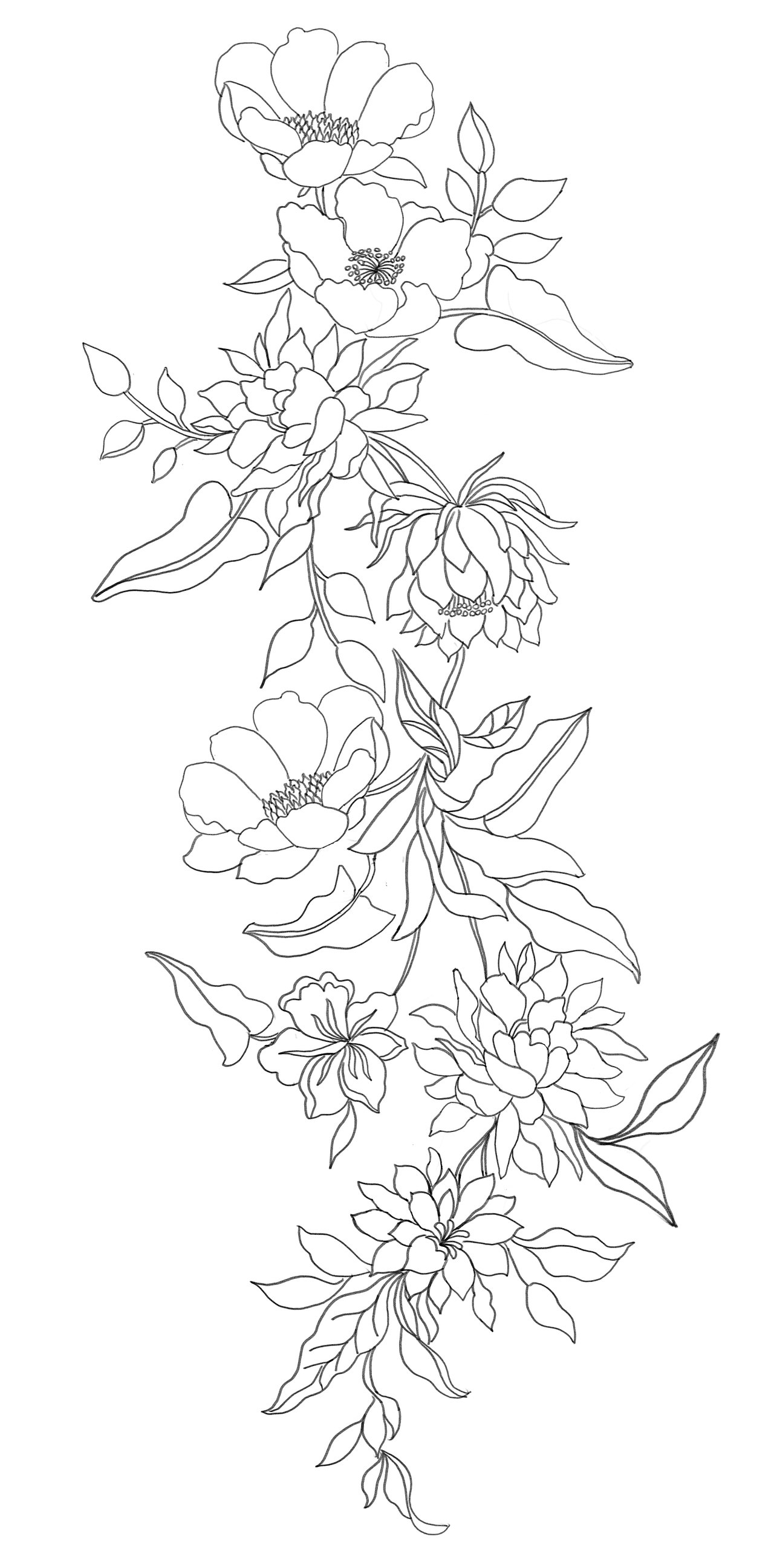 花朵线型白描图服装高定蕾丝礼服图案设计