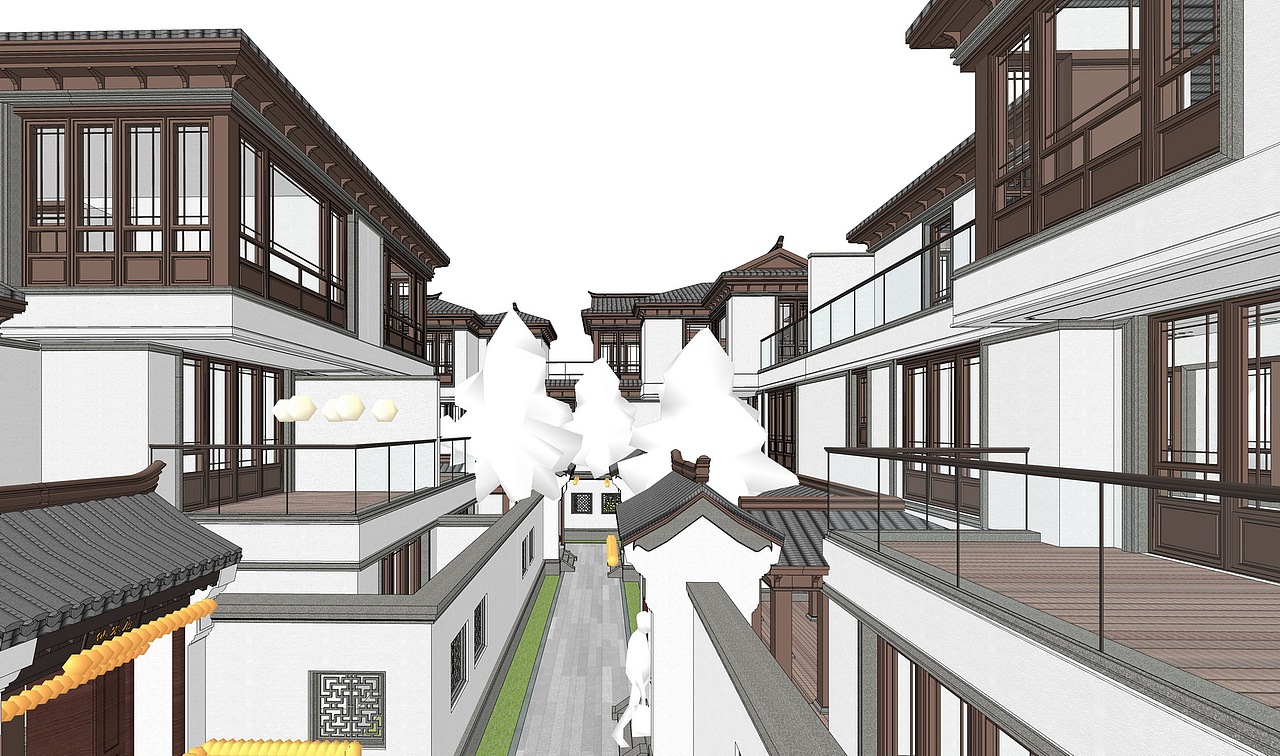 新中式合院别墅SU模型下载