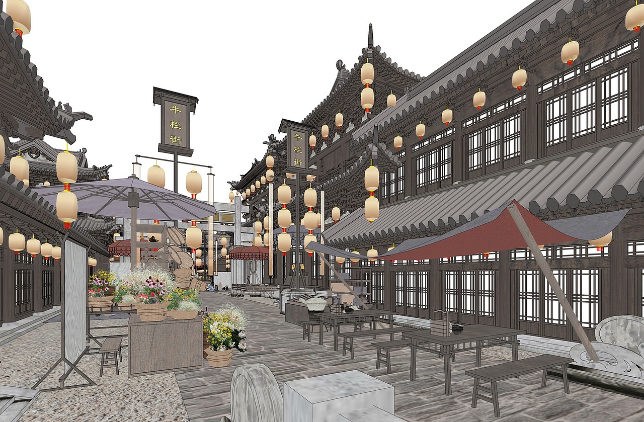 古建宋风城池城镇商业街su模型下载