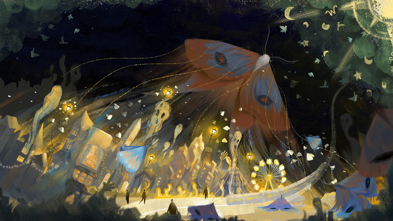 刺目的灯火光芒中,飞蛾心中的月亮闪烁。