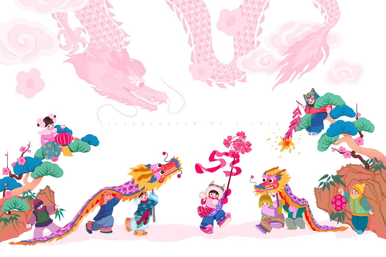 新春国风插画 |《欢喜龙腾过大年》（图ZMzYwMDcwODg0） - 商业插画 - 站酷设计师石榴LIRIS原创素材 - 站酷ZCOOL