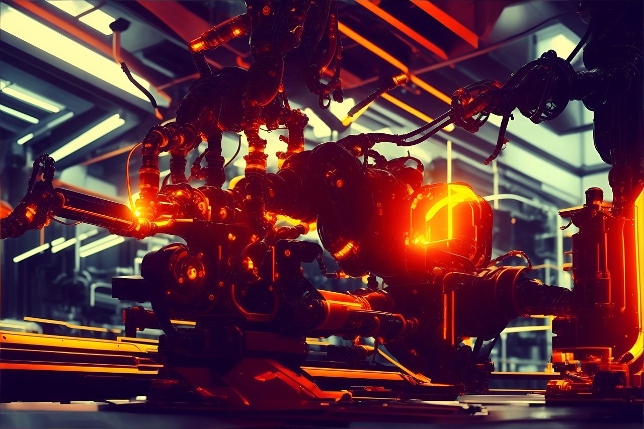 智能机械臂在工厂车间工作的艺术感场景