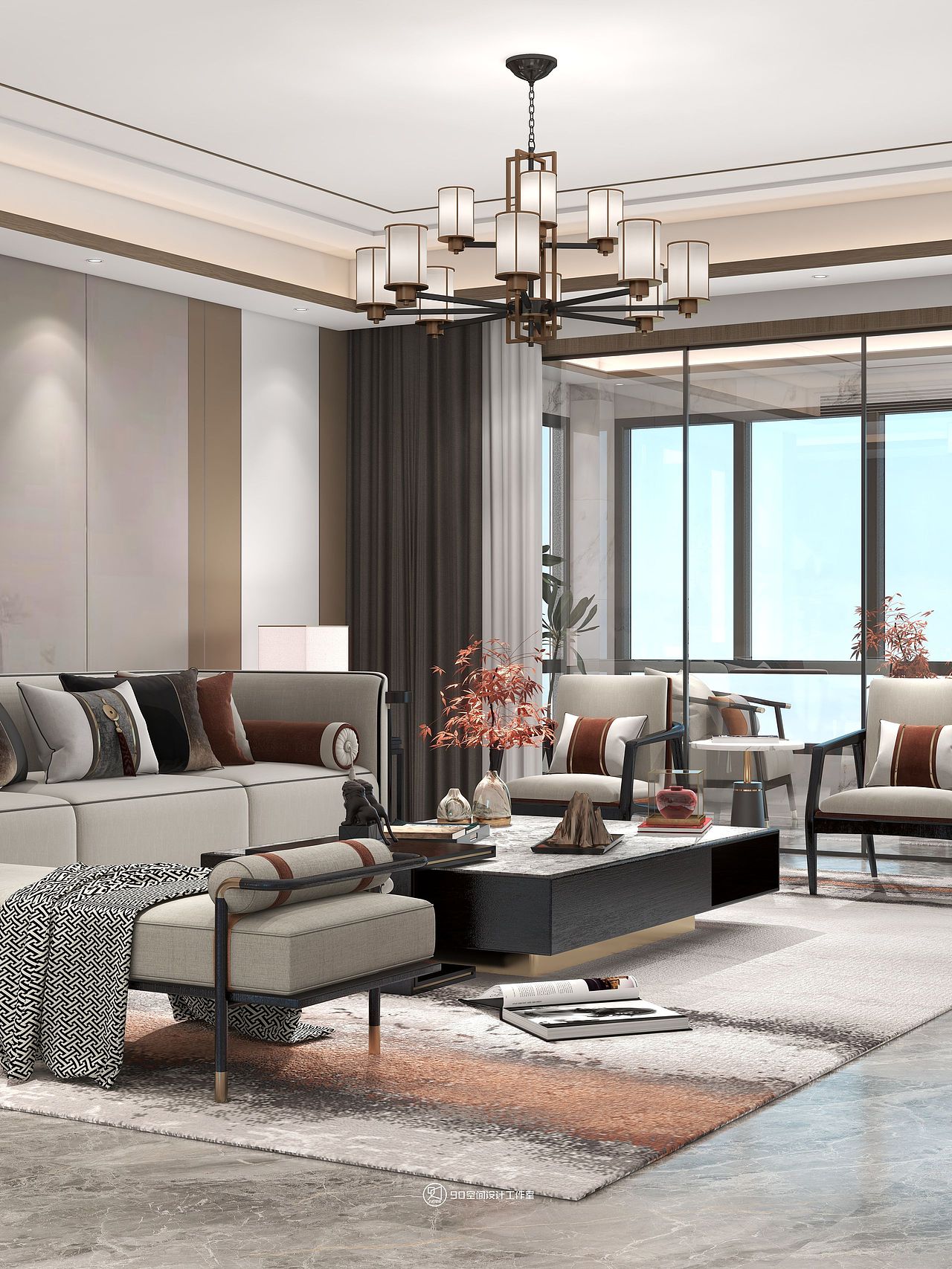 90空间设计∣260㎡,对称布局+水墨画搭配出的中式浪漫