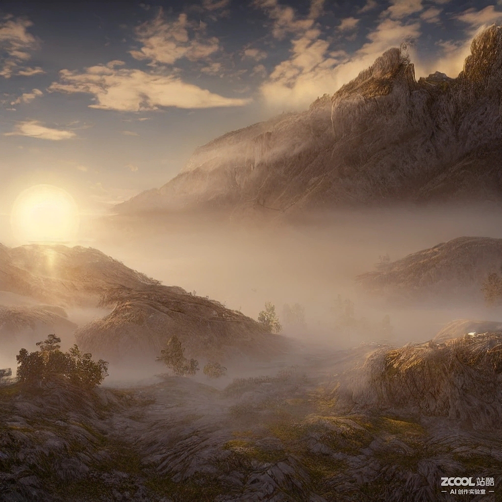 陽(yáng)光 霧氣 日暮的早上,山上和建筑（圖ZMzE4Nzk4MTYw） - 商業(yè)插畫(huà) - 站酷設(shè)計(jì)師東樓妮子原創(chuàng)素材 - 站酷ZCOOL
