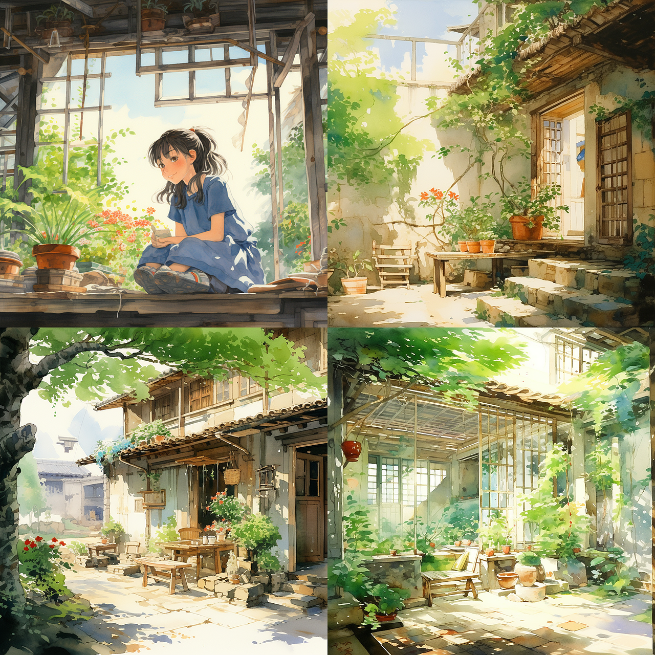 关键词咒语分享:In 1985, in northeast China, in a courtyard house, during a summer afternoon.light watercolor, outside, bright, white background, few details, dreamy, Studio Ghibli --style raw