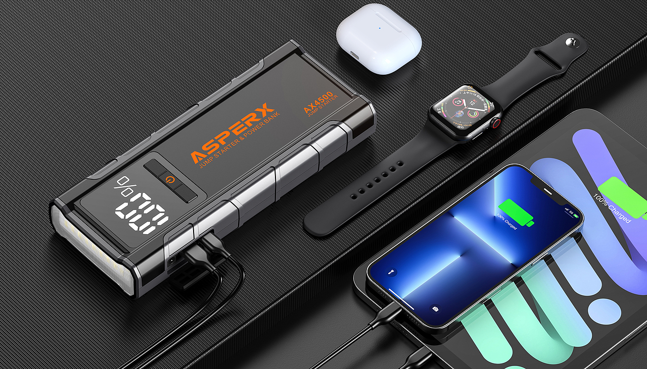 亚马逊 汽车应急电源 打气泵 充电宝产品渲染