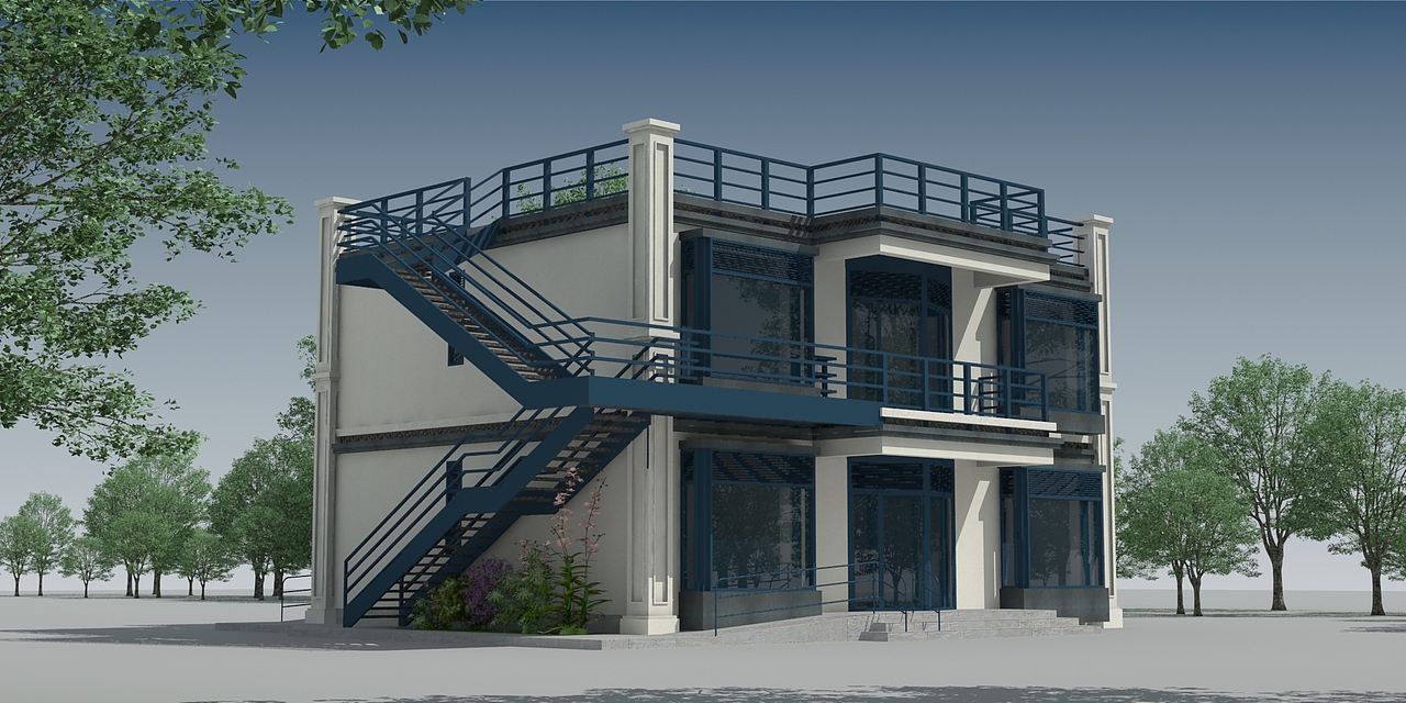 二层平顶农村自建房设计,外挂楼梯