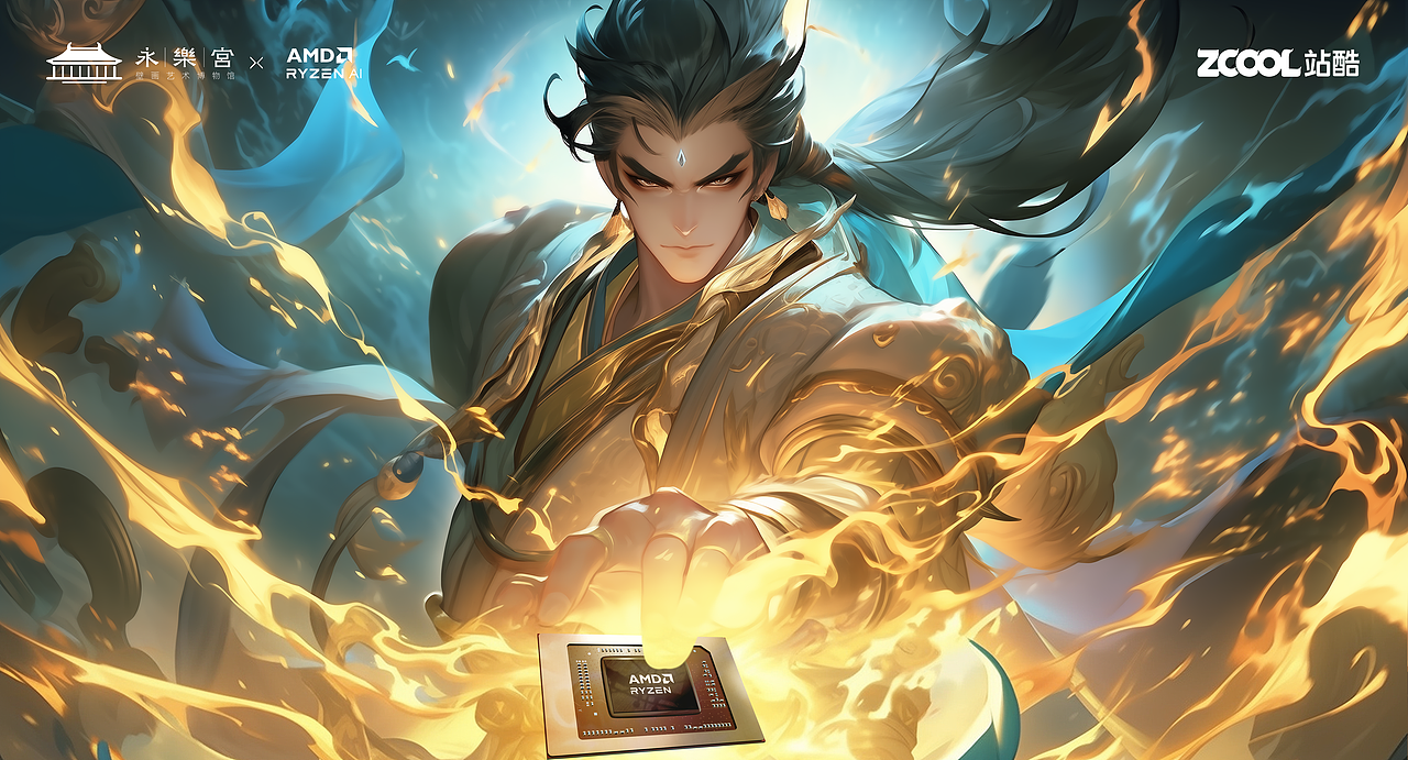 设计理念：
男神形象： 雷公形象旨在创造出一个充满力量、勇气与神秘感的战士形象，通过强烈的视觉冲击力，传达出守护与正义的信念。他的神情坚毅，眼神坚定，身穿古典与未来感结合的战衣，强调传统与科技的结合。<br>AMD Ryzen 7000芯片： 芯片被设计为红棕和白色的组合，符合画面整体色调，强调其蕴含巨大能量的特点。明显的AMD标志表明其品牌身份。<br>互动元素：雷公手握芯片，迸发出璀璨的金光照亮周围，强调科技与力量的结合，传达出科技赋予人们力量的信念。引发人们对科技与传统文化思考。<br>
