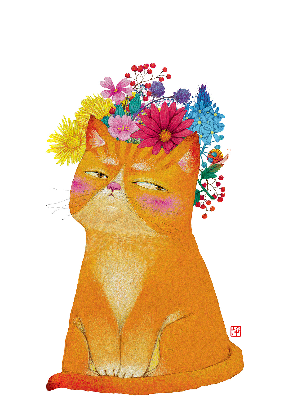 给猫的头部加上花装饰,丰富画面,在叶子上画一只小蜗牛,增加一个趣味点