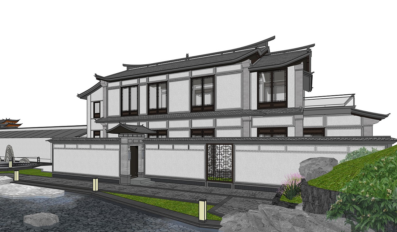 中式组团别墅+景观SU模型下载