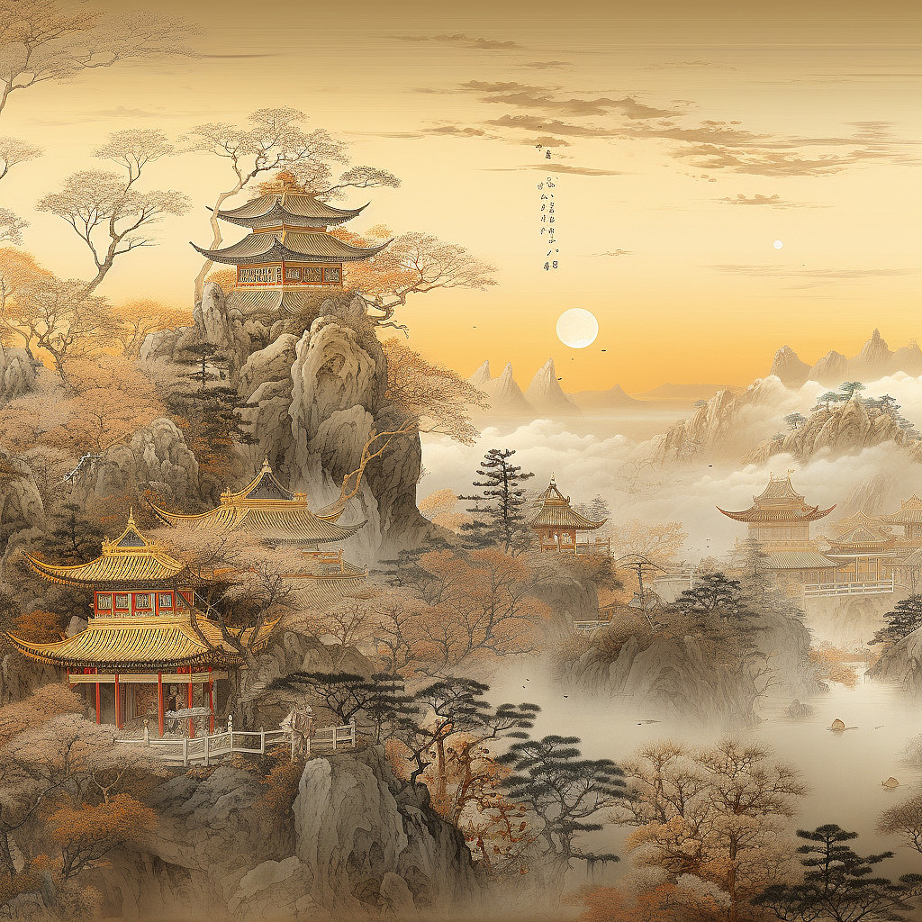 亭台楼阁山水工笔画