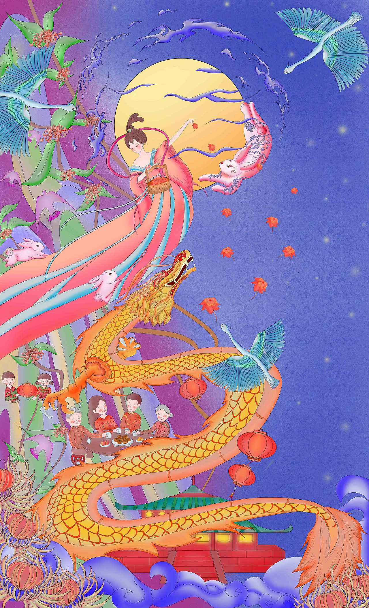 【中秋之夜-花好月圆】礼盒与礼酒等包装插画设计