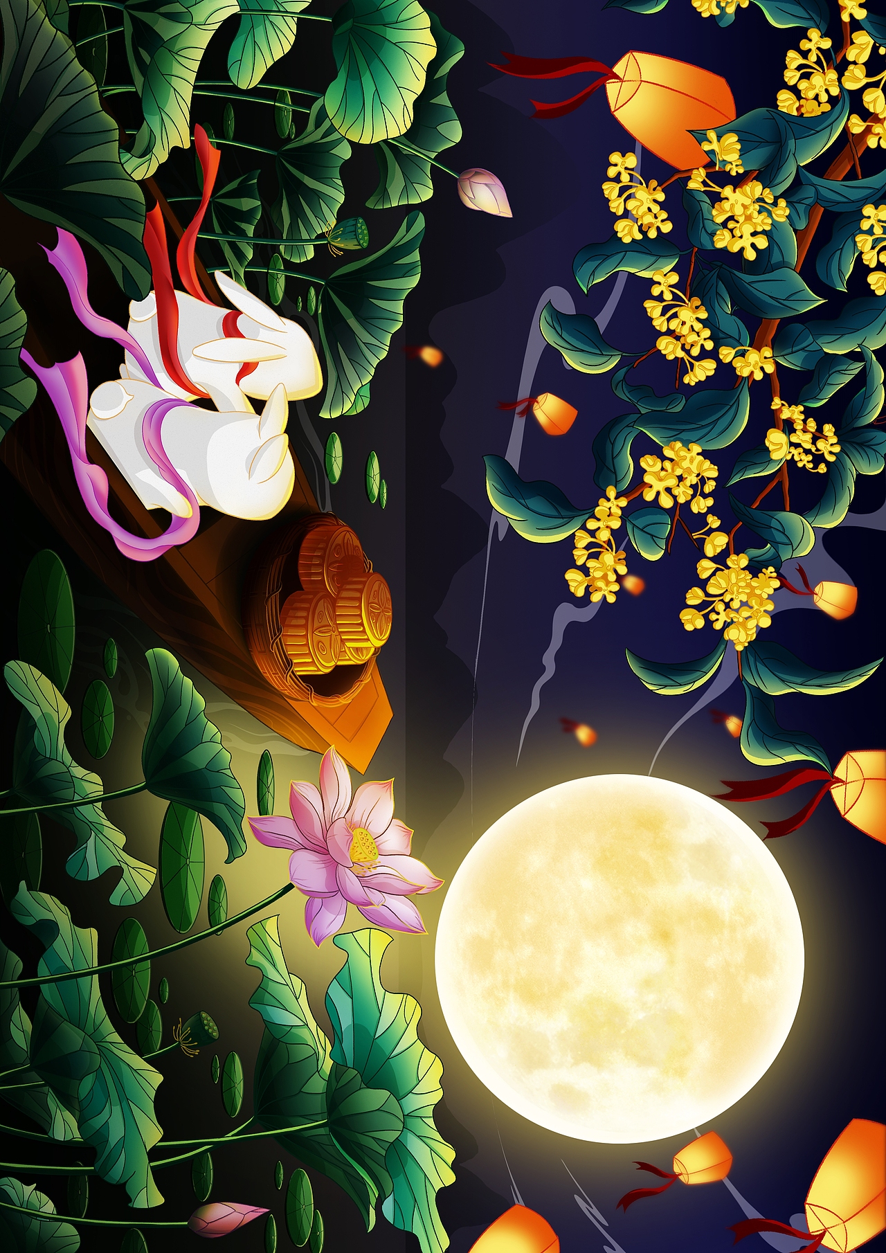 原创【玉兔伴月】中秋节国风手绘礼盒包装插画