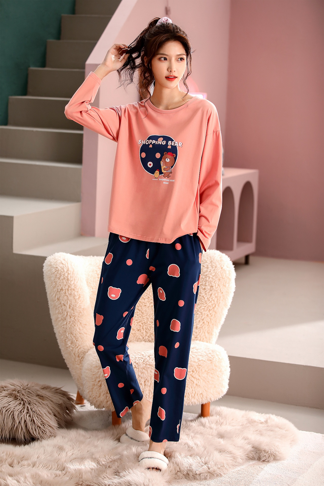 睡衣全棉休闲短袖甜美学生卡通圆领家居服/联盒摄影出