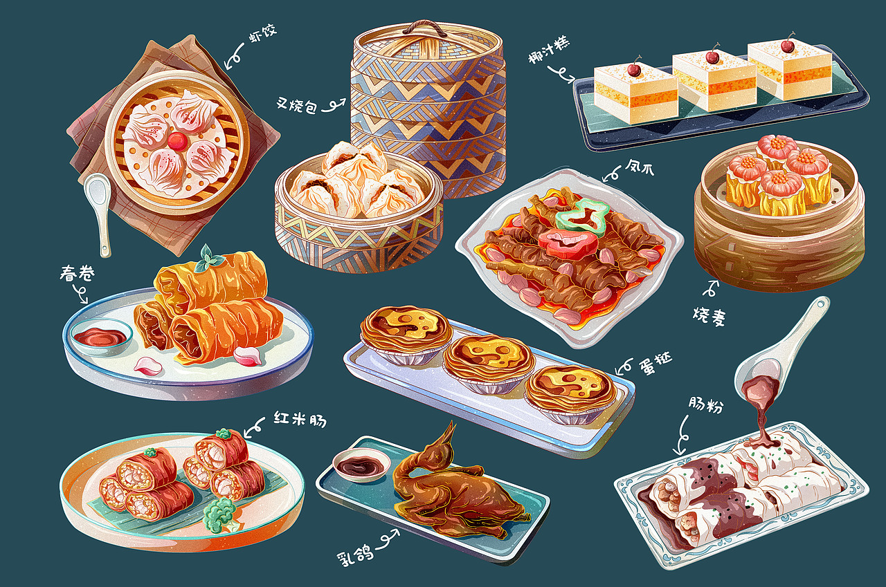 国潮风粤式早茶文化美食小吃插画