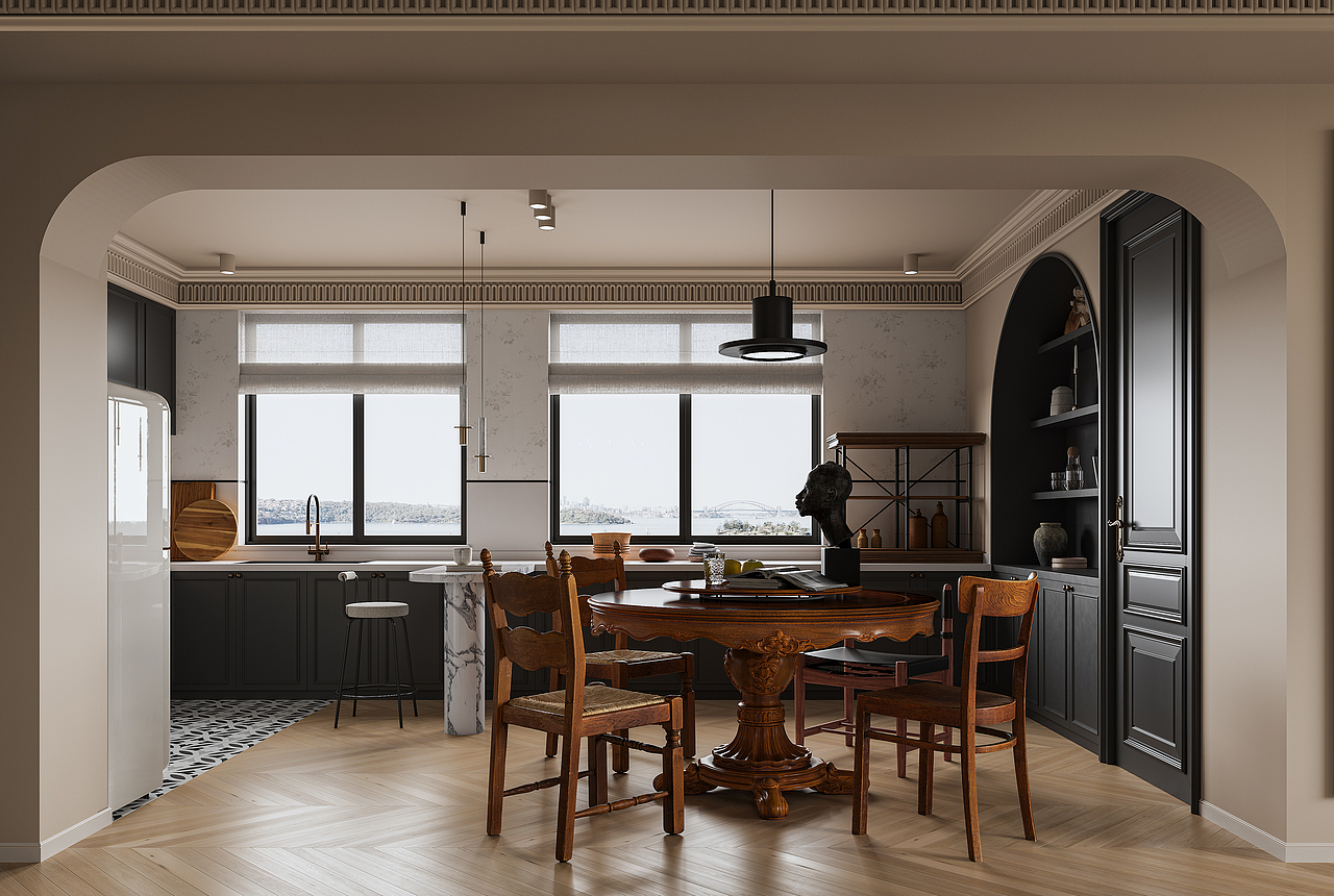 室内中古风客餐厅、书房