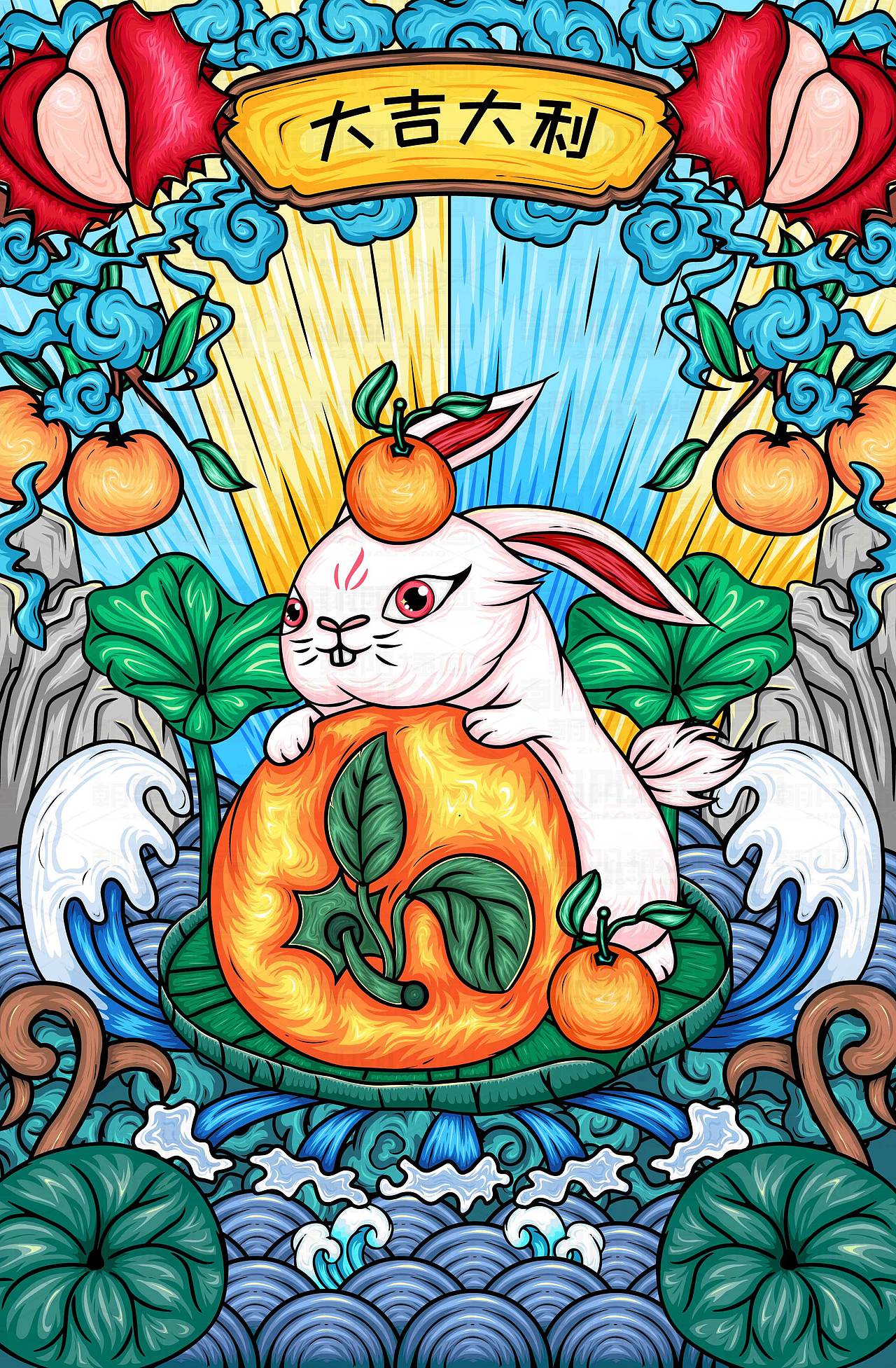 一系列的兔子国潮插画