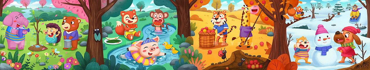 卡通春夏秋冬插画