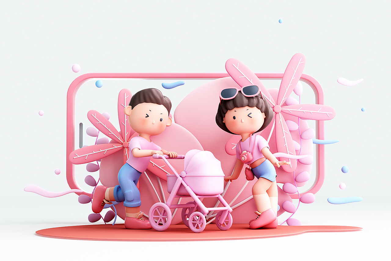 3D渲染的人物与家庭