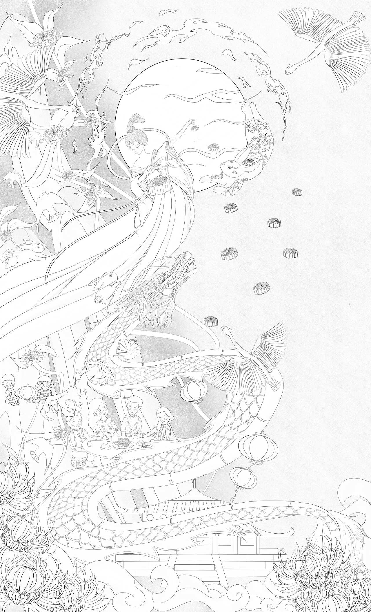 【中秋之夜-花好月圆】礼盒与礼酒等包装插画设计