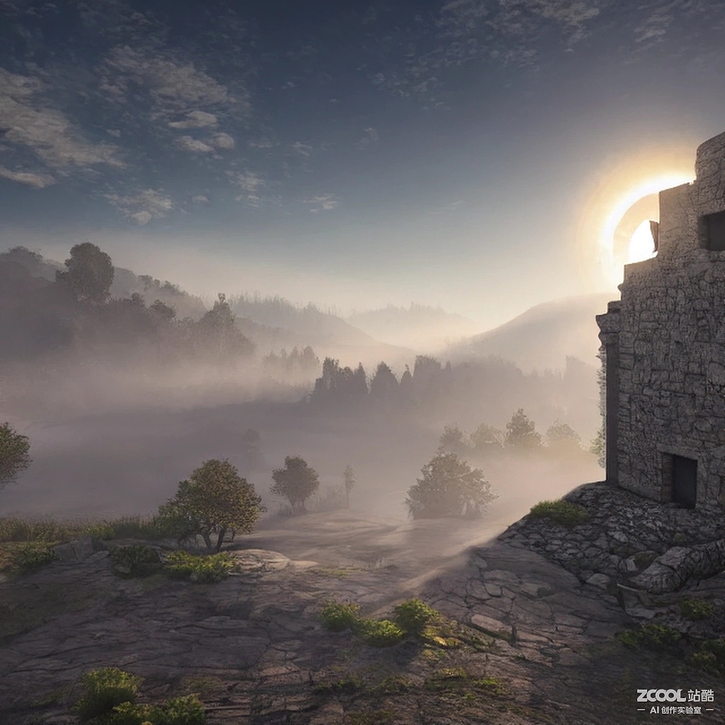 陽(yáng)光 霧氣 日暮的早上,山上和建筑（圖ZMzE4Nzk4MjAw） - 商業(yè)插畫(huà) - 站酷設(shè)計(jì)師東樓妮子原創(chuàng)素材 - 站酷ZCOOL
