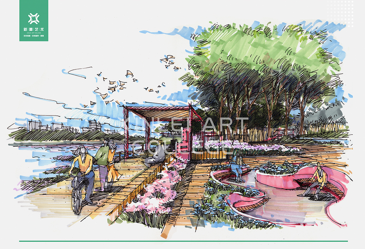 园林景观设计手绘表达/园林景观效果图手绘/风景园林