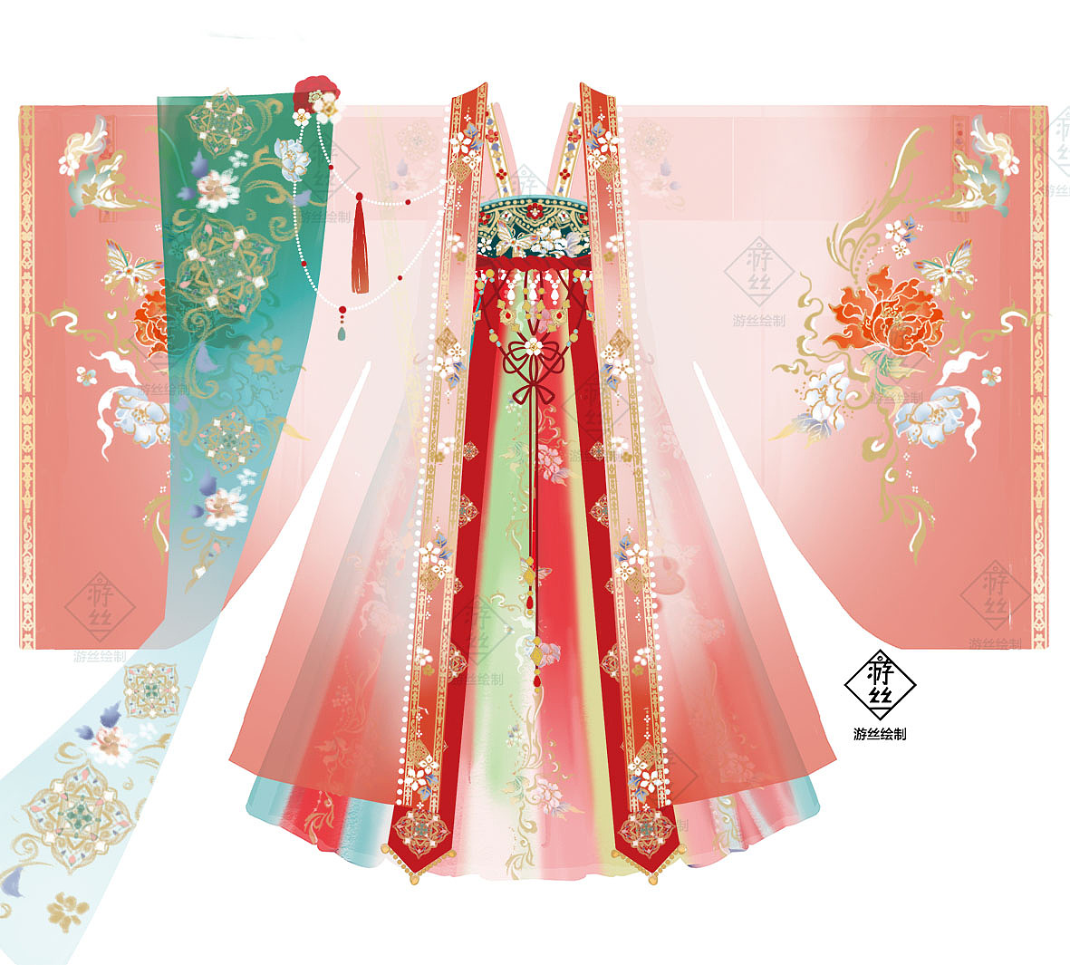 山茶 齐胸唐制汉服（图ZMzQzNzMyOTky） - 传统/民族服饰 - 站酷设计师游丝画画中原创素材 - 站酷ZCOOL