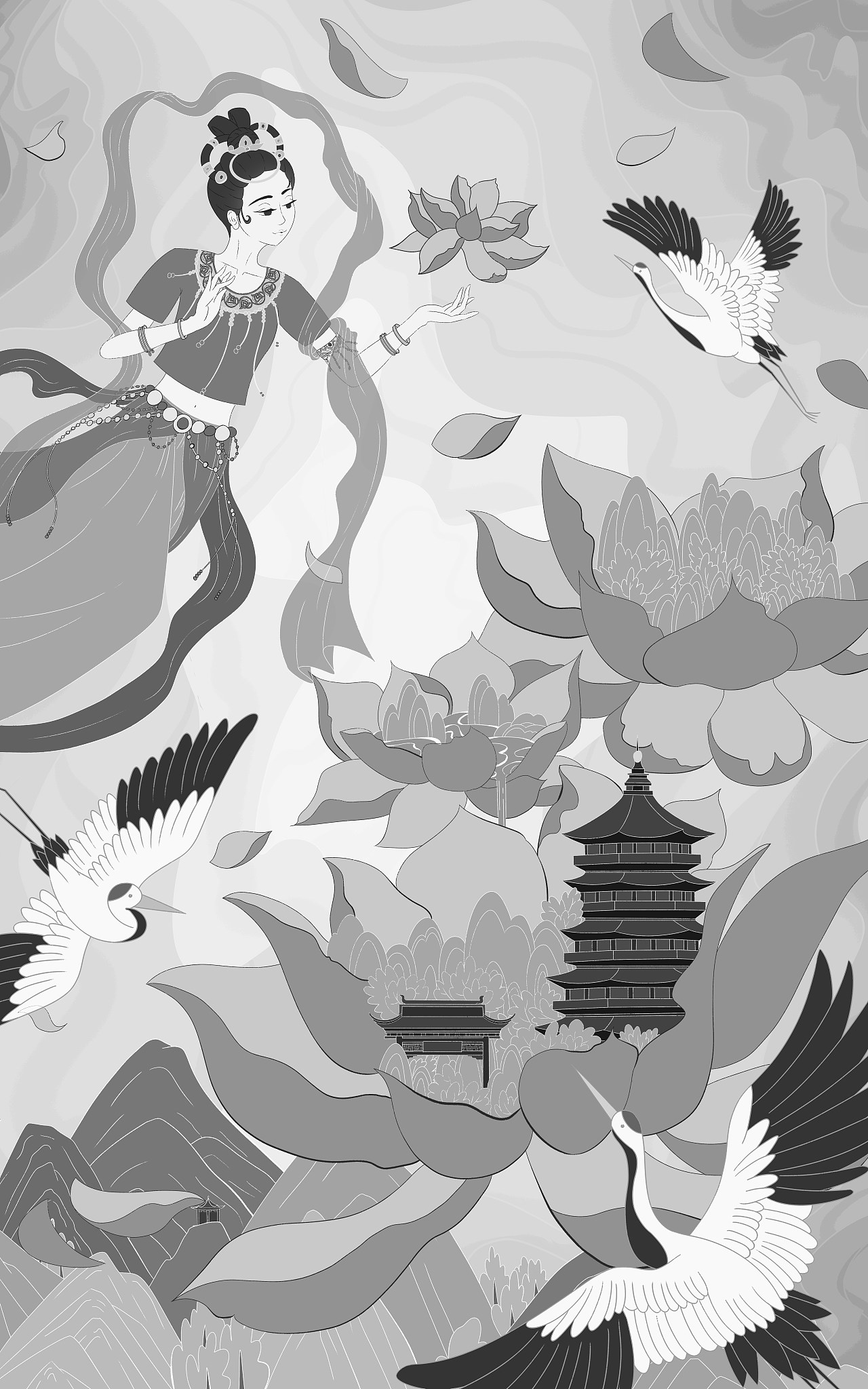 新国风插画——《天女散花》（图ZMjk5Mjg5MTE2） - 商业插画 - 站酷设计师瓦双土原创素材 - 站酷ZCOOL