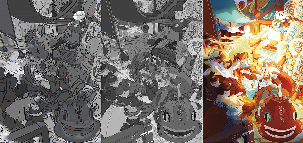 创作过程~创意草图+线稿+色稿
画面中出现了“只只”+“早哇”(另外一个原创小角色,原型是一只青蛙,暂时不会说人话)<br>