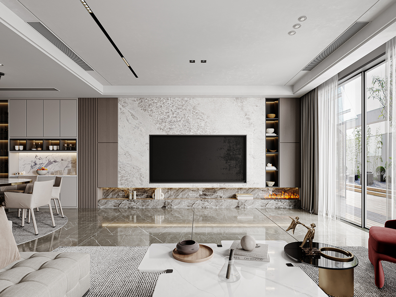 灰白调客餐厅别墅地下室卧室卫生间