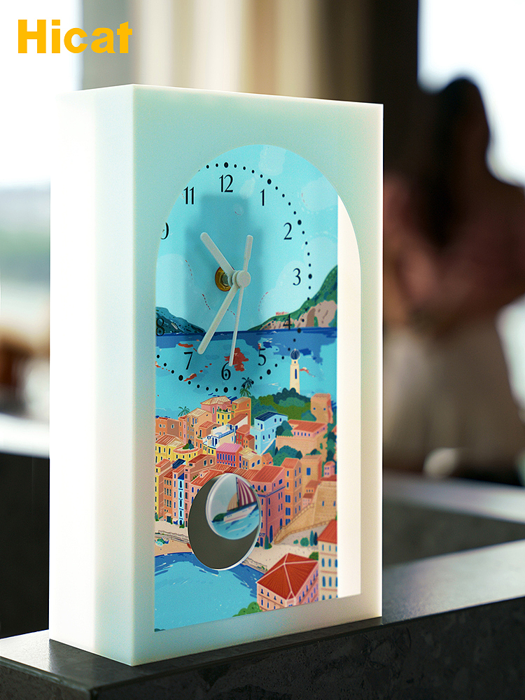 滨海城市风景插画摇摆台钟