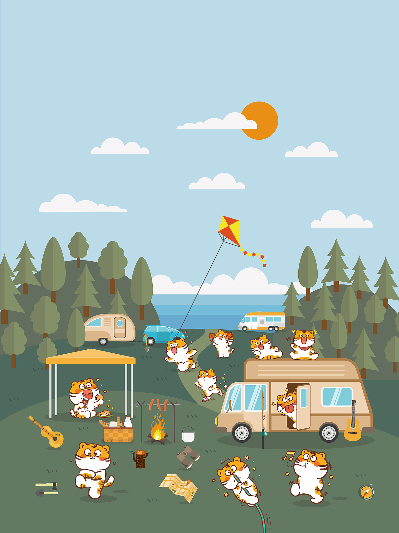 虎萌萌ip卡通形象设计插画表情包五一旅游露营海报