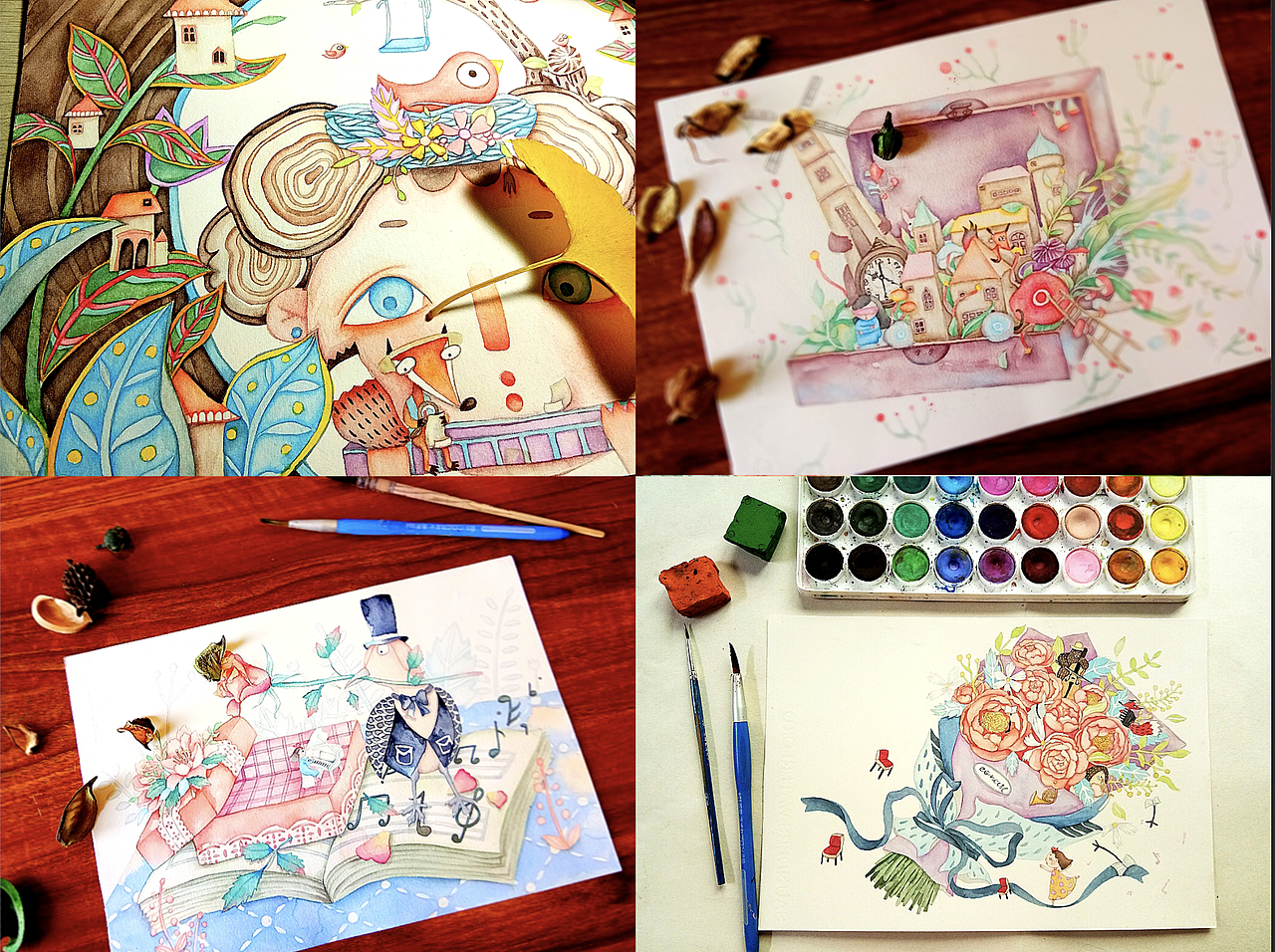 毕业后,进入公司成为了一名插画师,这是第一套自己绘制的全彩童书绘本,看到自己画的作品被印成实物特别开心!!