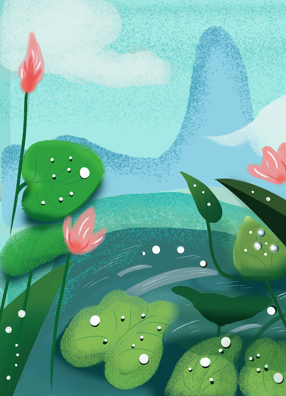 荷塘清新绿色包装插画系列展示图
