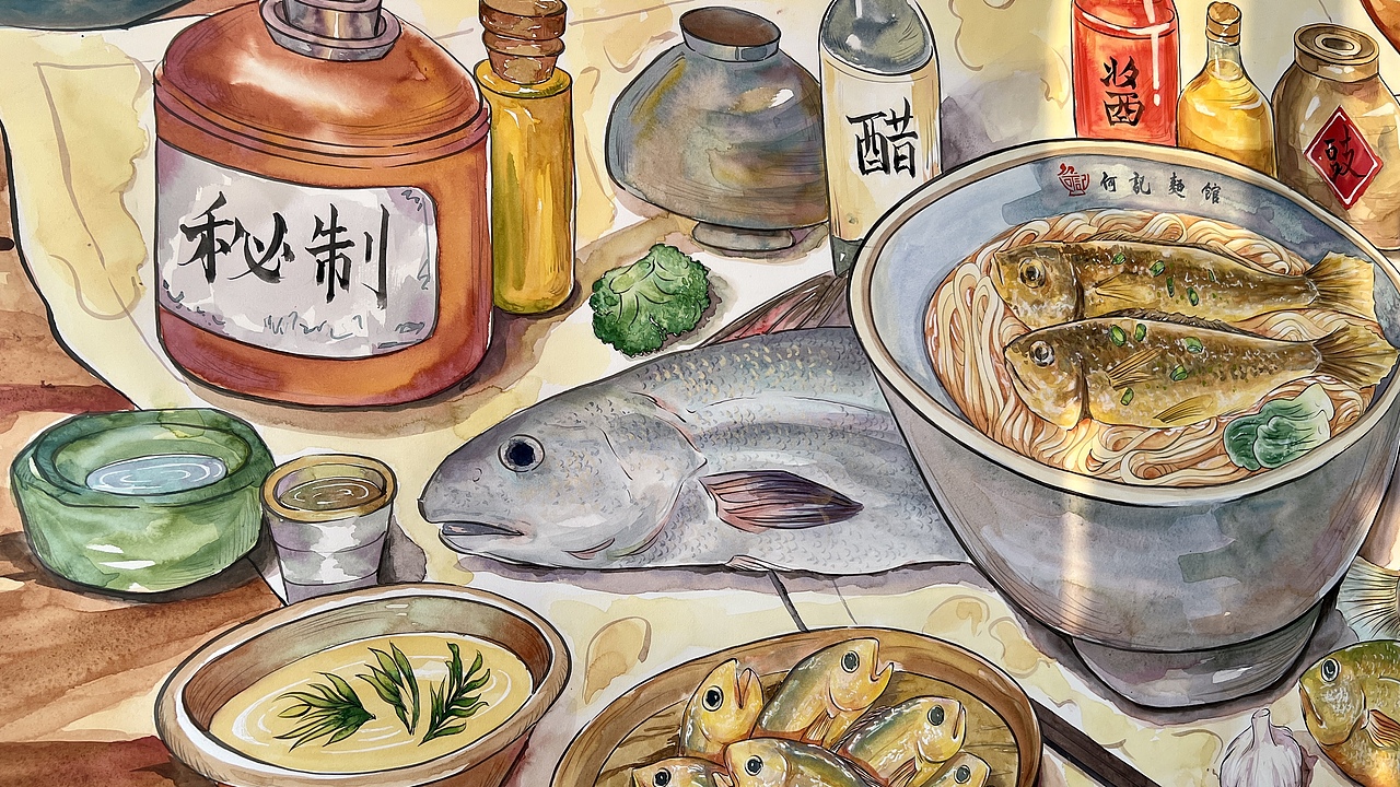 何记面馆非遗传承黄鱼面水彩纯手绘《黄鱼七兄弟》（图ZMzU1NjI5MzYw） - 商业插画 - 站酷设计师噜猫小画家原创素材 - 站酷ZCOOL