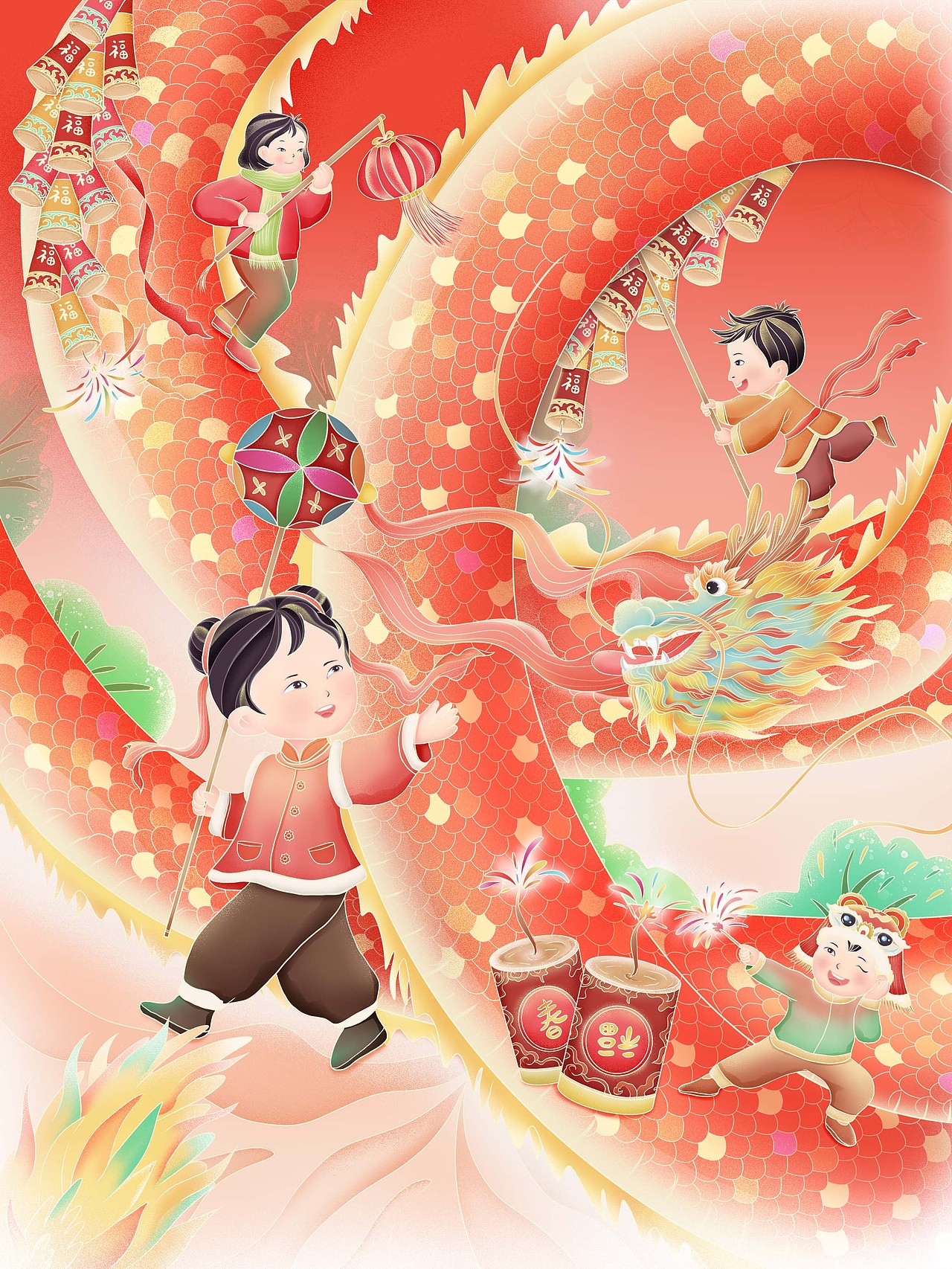 手绘龙年春节舞龙年俗插画-萌鸦广告