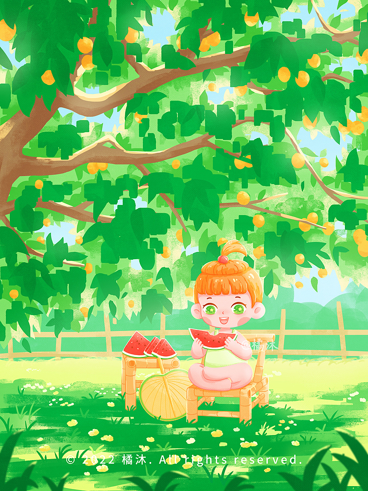 夏天儿童在树下乘凉吃西瓜风景插画
