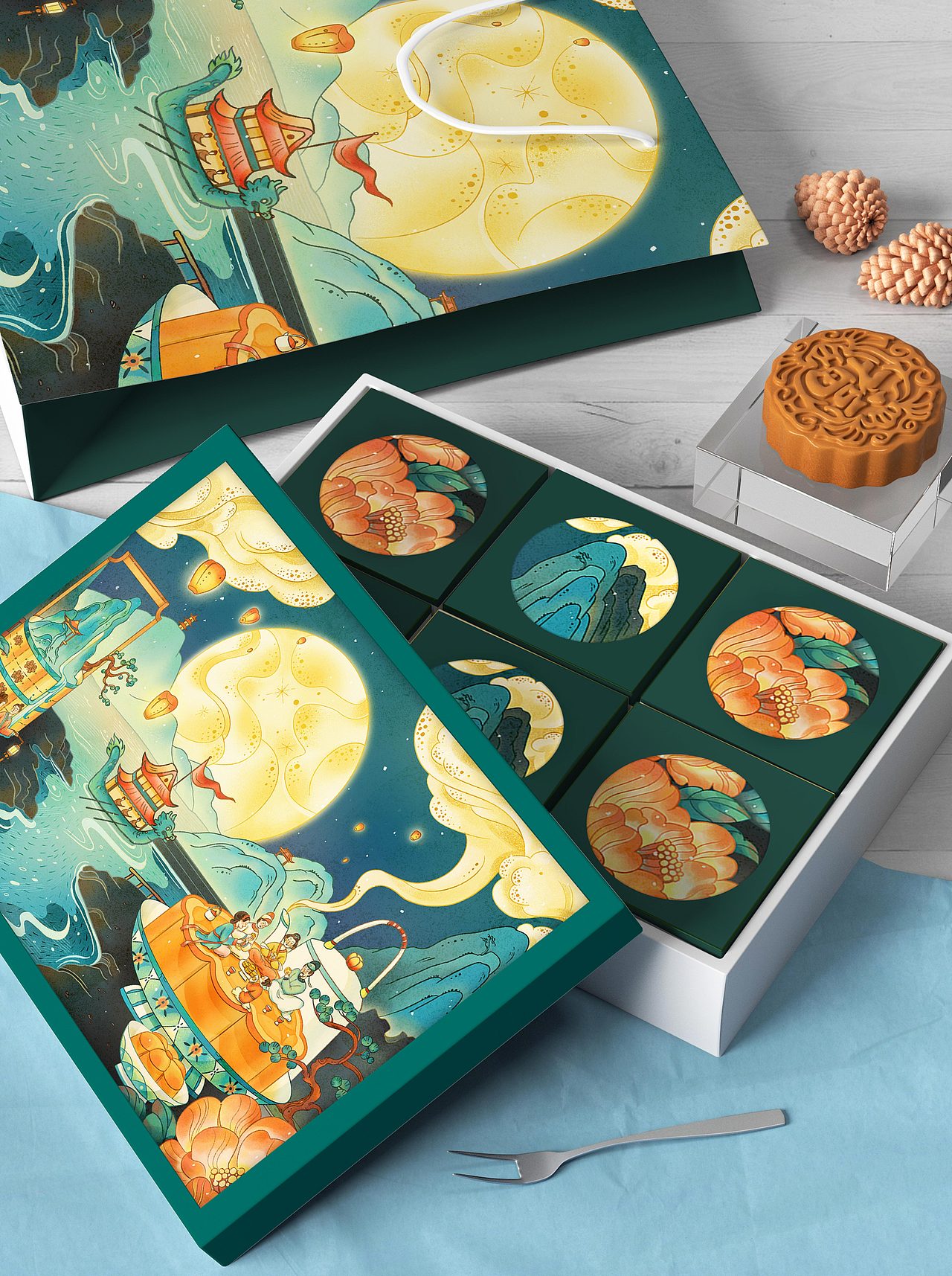 花好月圆｜中秋贺礼包装插画（图ZMzE0MTMwOTIw） - 商业插画 - 站酷设计师松间照小兔原创素材 - 站酷ZCOOL