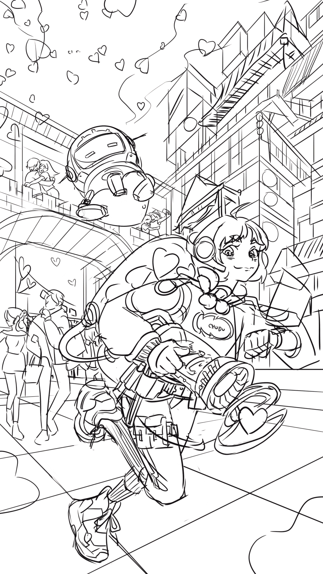 线稿阶段给我感觉最大的难点是后面的建筑吧，因为是一个大透视，很难找到很好的建筑参考，觉得七夕是一个很中式的节日，还是想要建筑偏中式，最好能把“鹊桥”悄悄融入进背景