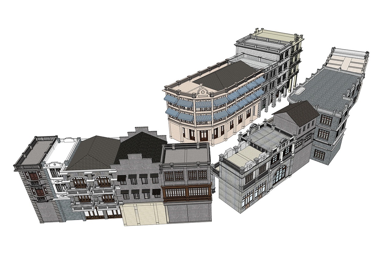 民国风商业街SU模型下载