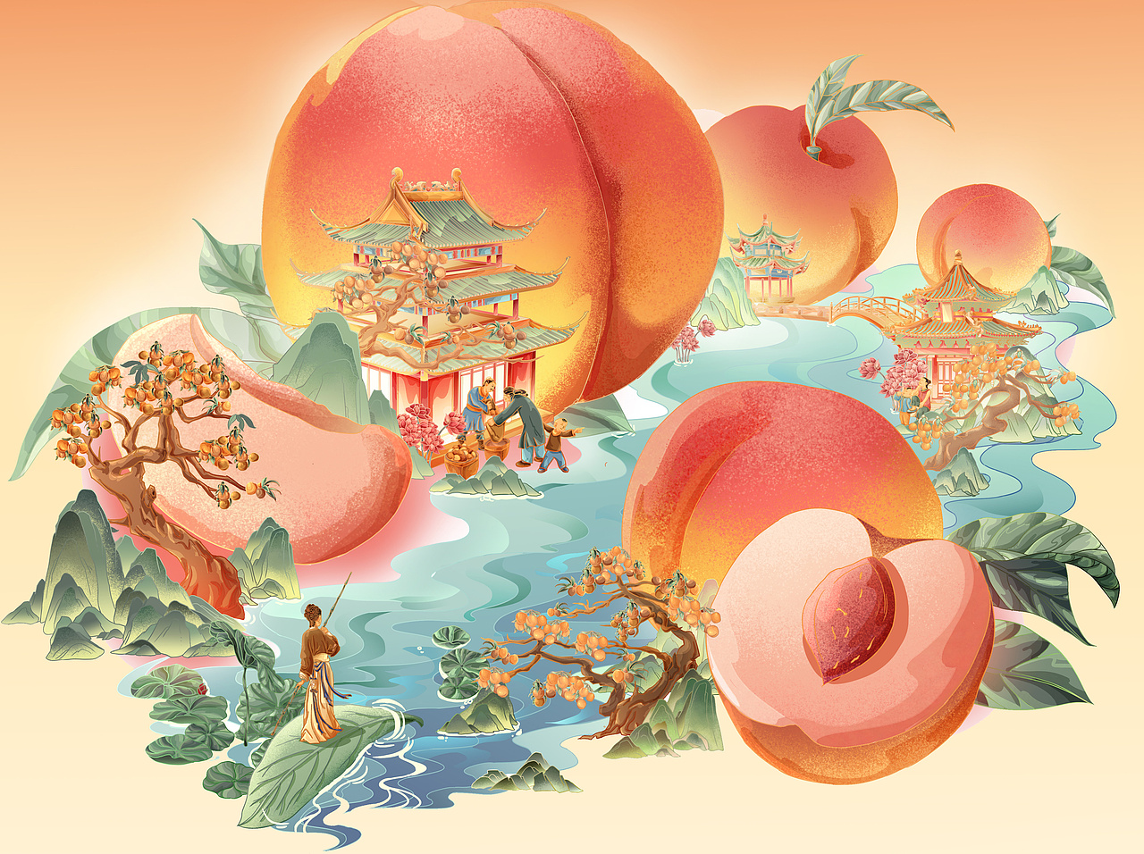 阳山水蜜桃插画设计