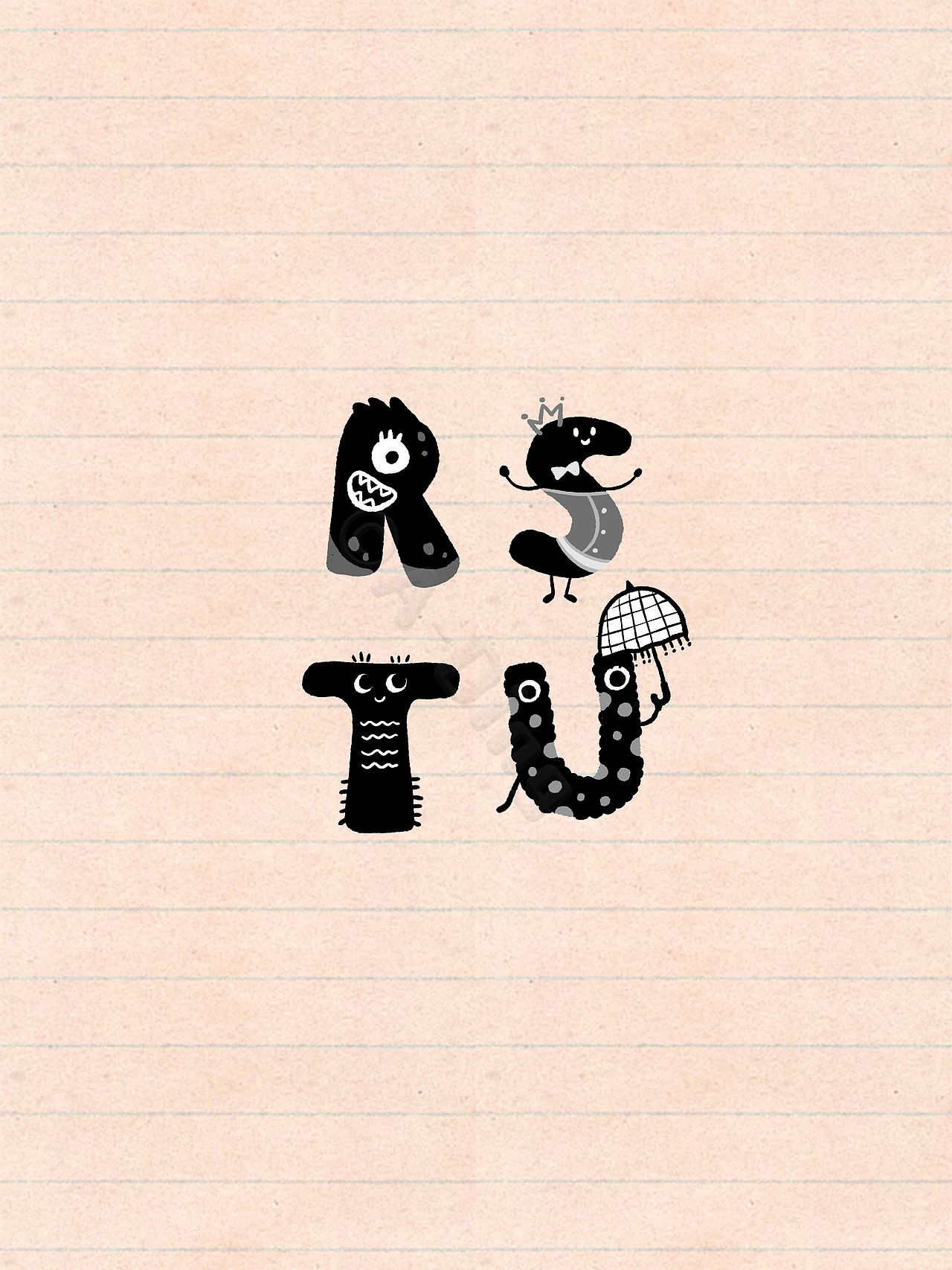 黑白手账素材-小怪兽字母-简笔画英文