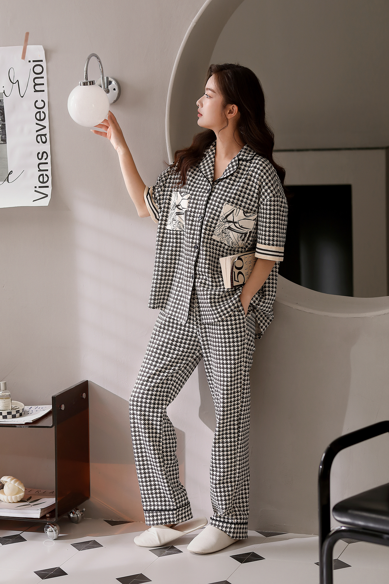 KERENR夏季纯棉短袖长裤薄款高级感千鸟格子家居服大码